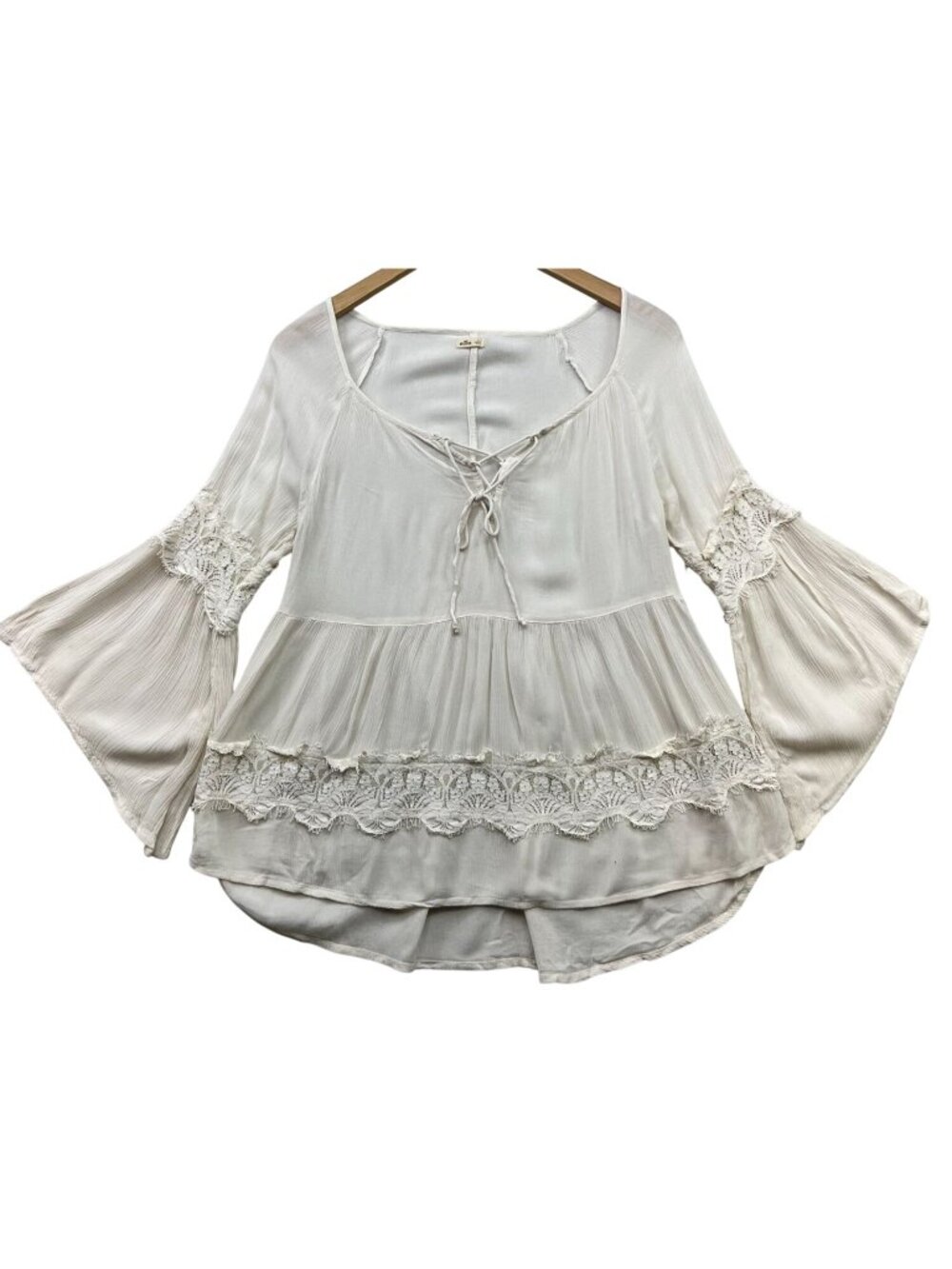 Hollister Womens Boho Peasant Top Bell Sleeve Lace Trim Size S Cream Lightweight